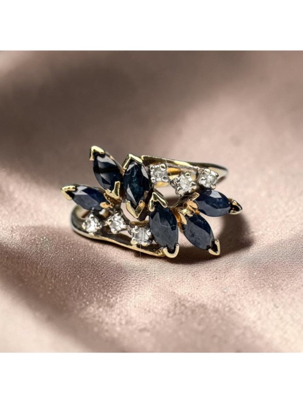 Natural Blue Sapphire & Diamond Cluster Ring 10K Gold Vintage ca1960's Size 5.25 - Picture 11 of 16